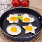 4 stainless steel egg ring molds in round, flower, star, and heart shapes.