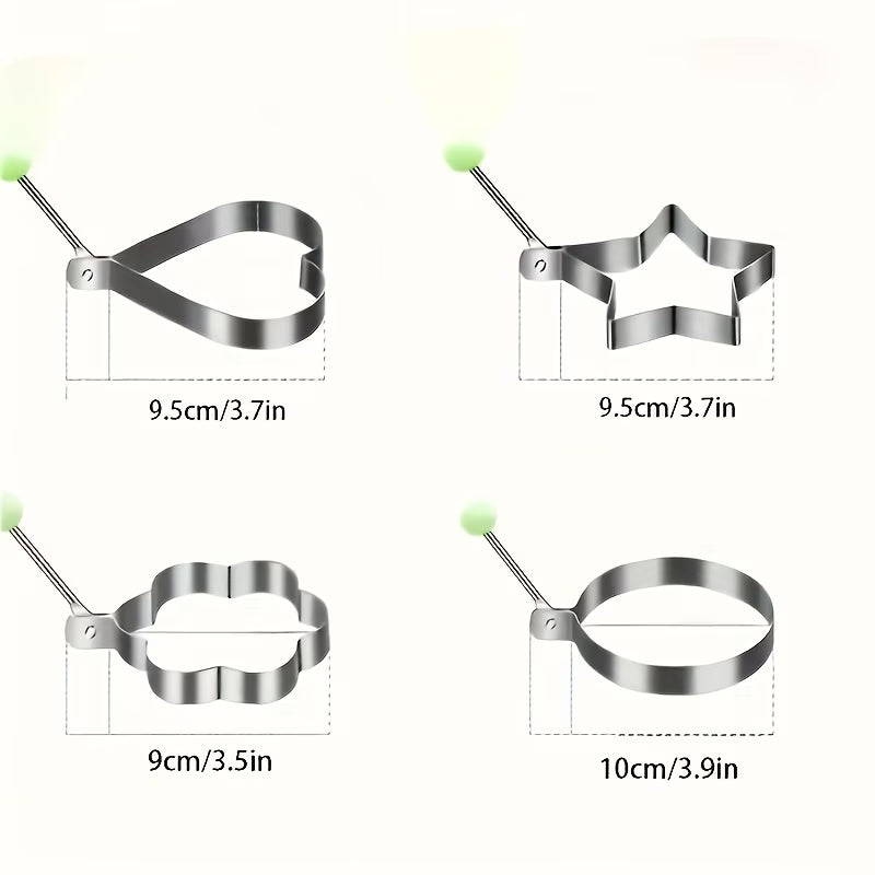 4 stainless steel egg ring molds in round, flower, star, and heart shapes.