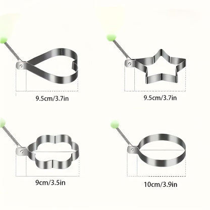 4 stainless steel egg ring molds in round, flower, star, and heart shapes.