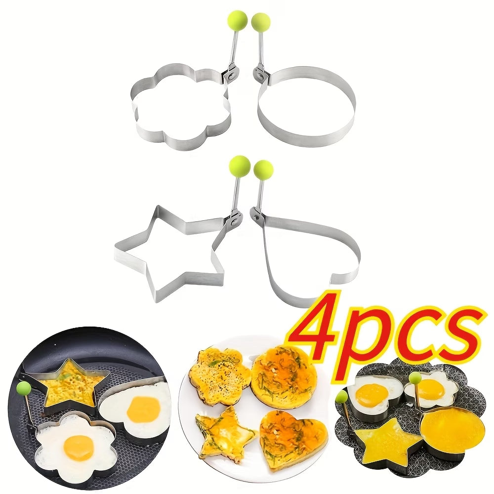 4 stainless steel egg ring molds in round, flower, star, and heart shapes.