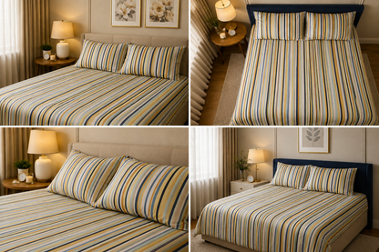 Striped Double Bed Sheet Set with 2 Pillowcases