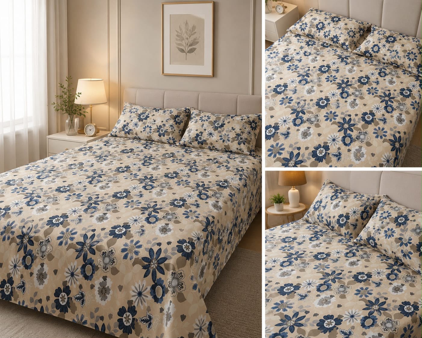 Blue Daisy Floral Double Bed Sheet Set with 2 Pillowcases