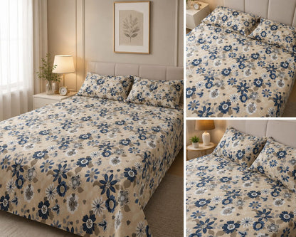 Blue Daisy Floral Double Bed Sheet Set with 2 Pillowcases