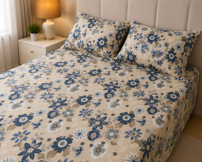 Blue Daisy Floral Double Bed Sheet Set with 2 Pillowcases